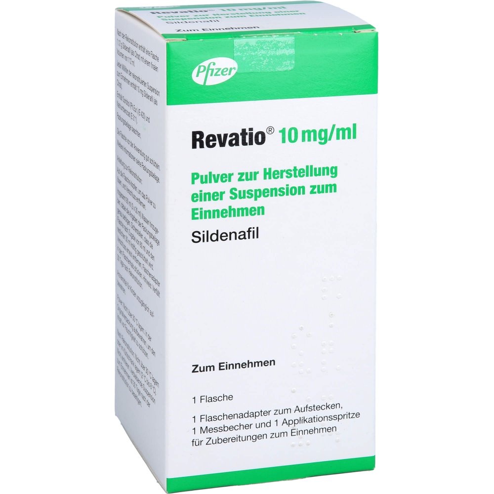 Das Produktfoto zeigt Revatio 10 Mg/Ml Pulver Z.Herstell.E.Susp.Z.Einn. (1 stk) PZN 09684879