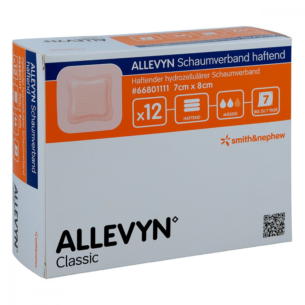Das Produktfoto zeigt Allevyn Schaumverband 7x8 Cm Haftend (12 stk) PZN 09686542