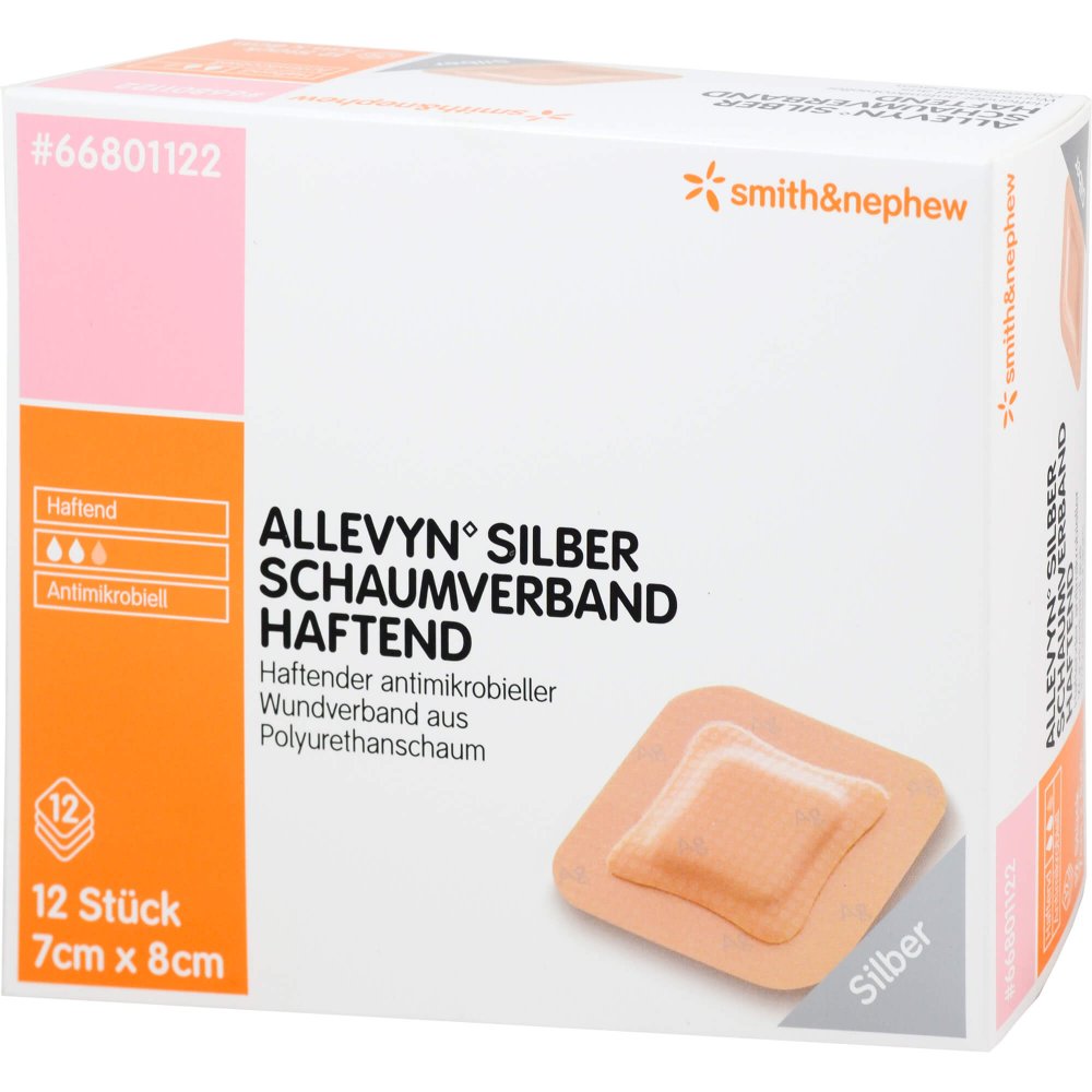 Das Produktfoto zeigt Allevyn Silber Schaumverb.7x8 Cm Haftend (12 stk) PZN 09686654