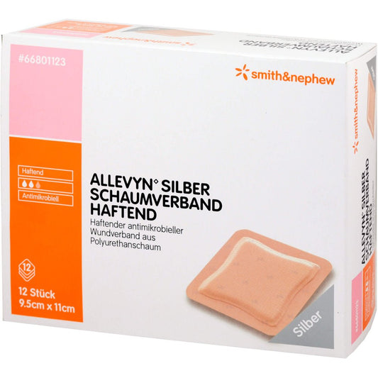 Das Produktfoto zeigt Allevyn Silber Schaumverb.9,5x11 Cm Haftend (12 stk) PZN 09686660