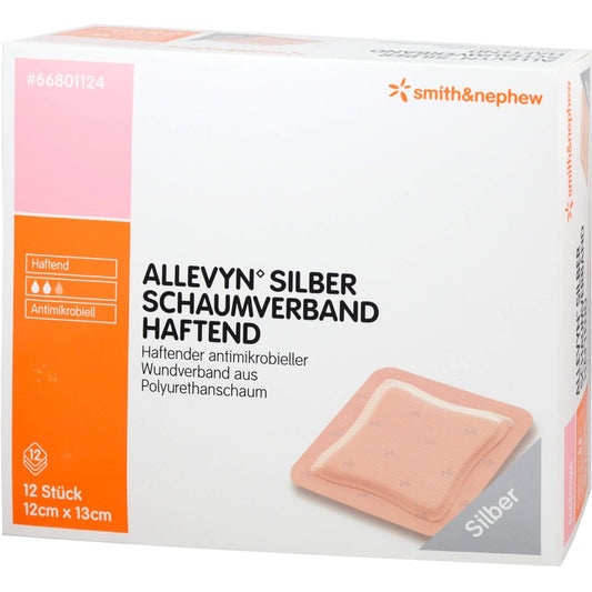 Das Produktfoto zeigt Allevyn Silber Schaumverb.12x13 Cm Haftend (12 stk) PZN 09686677