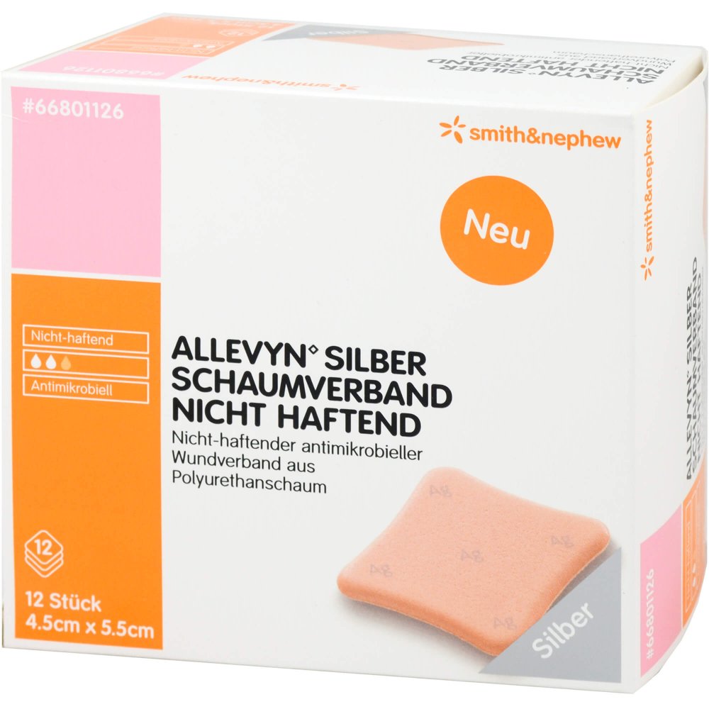 Das Produktfoto zeigt Allevyn Silber Schaumverb.4,5x5,5 Cm Nicht Haftend (12 stk) PZN 09686708