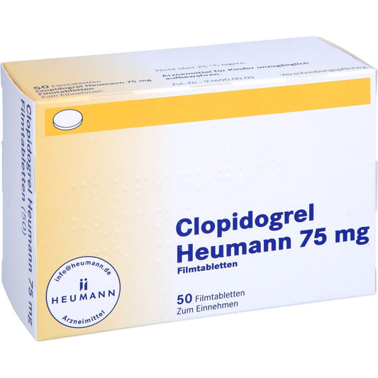 Das Produktfoto zeigt Clopidogrel Heumann 75 Mg Filmtabletten (50 stk) PZN 09687346