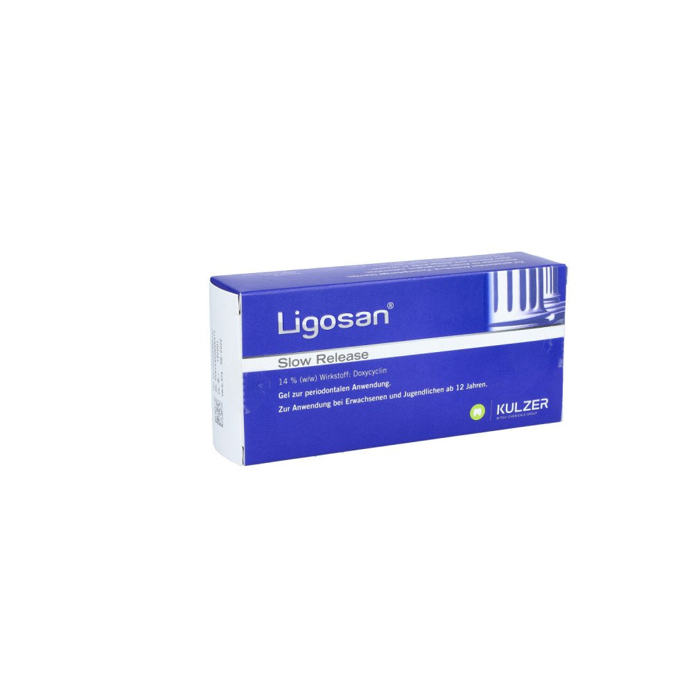 Das Produktfoto zeigt Ligosan Slow Release 14% Gel Z.Periodont.Anwen. (1X260 mg) PZN 09688015