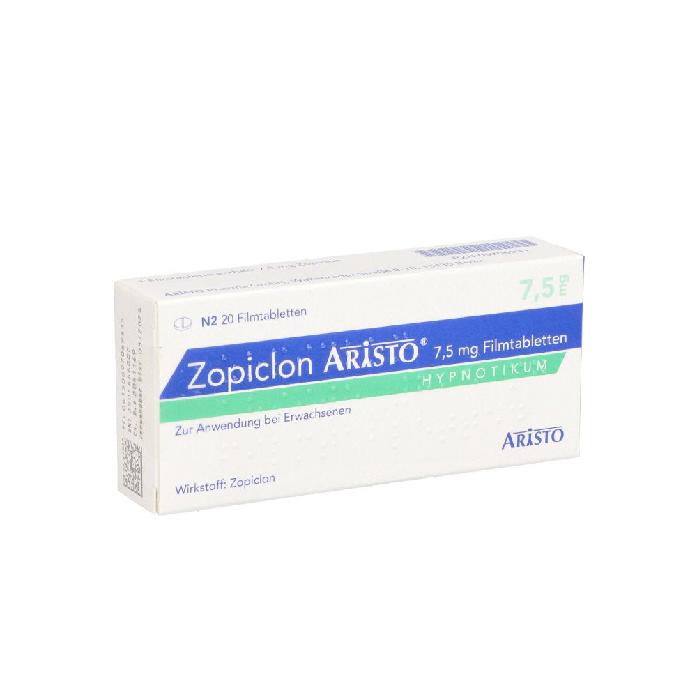 Das Produktfoto zeigt Zopiclon Aristo 7,5 Mg Filmtabletten (20 stk) PZN 09706931