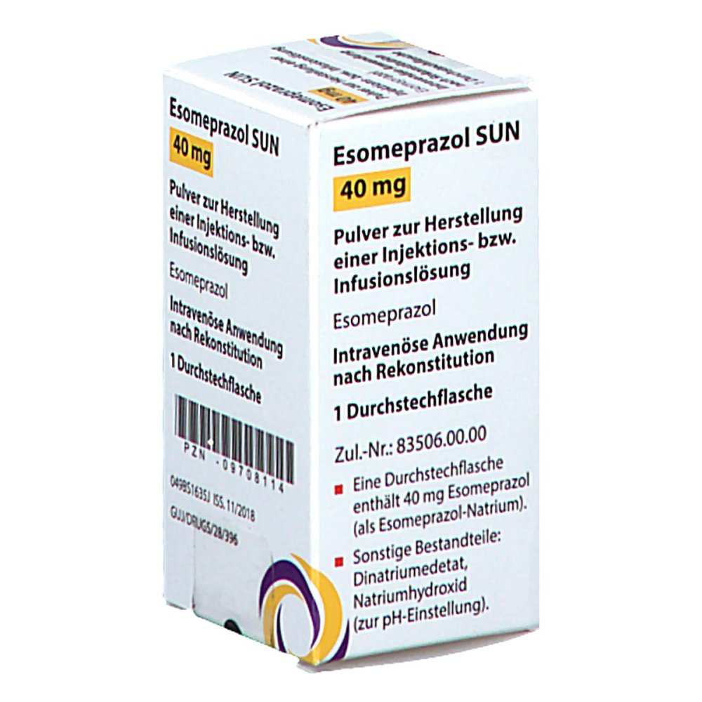 Das Produktfoto zeigt Esomeprazol Sun 40 Mg Pulver Z.Her.E.Inj.-/Inf.-L. (1 stk) PZN 09708114