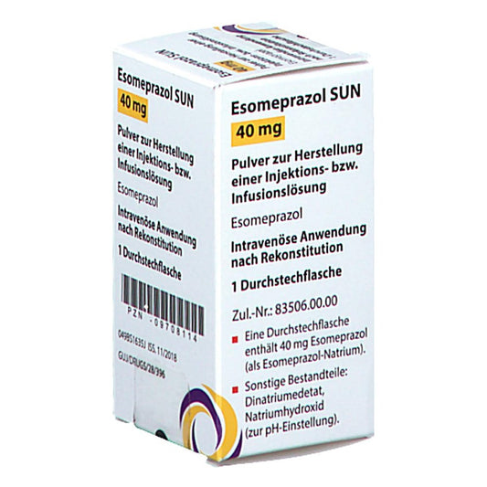 Das Produktfoto zeigt Esomeprazol Sun 40 Mg Pulver Z.Her.E.Inj.-/Inf.-L. (1 stk) PZN 09708114