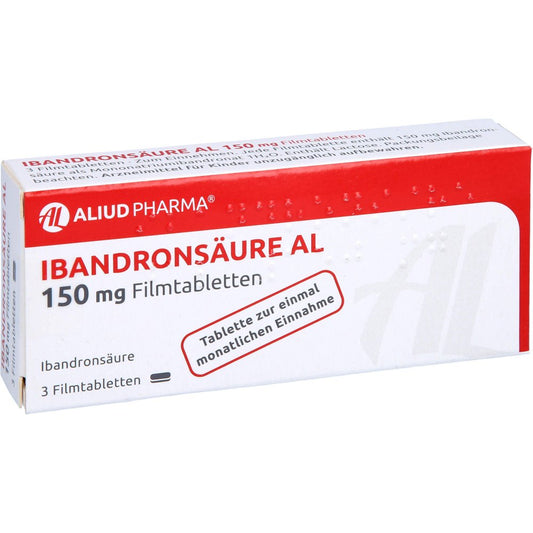 Das Produktfoto zeigt Ibandronsäure Al 150 Mg Filmtabletten (3 stk) PZN 09709875