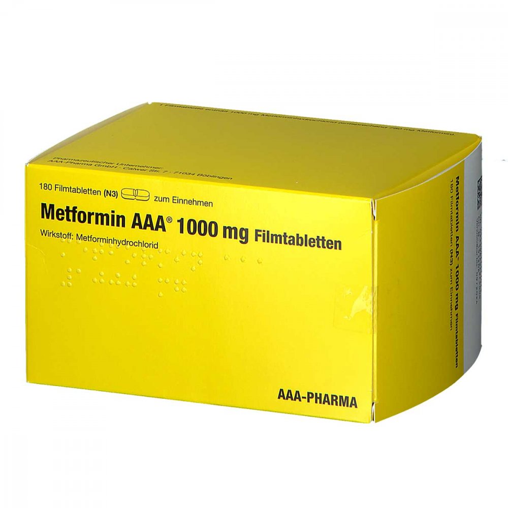Das Produktfoto zeigt Metformin 1.000 Mg Aaa-Pharma Filmtabletten (180 stk) PZN 09711702