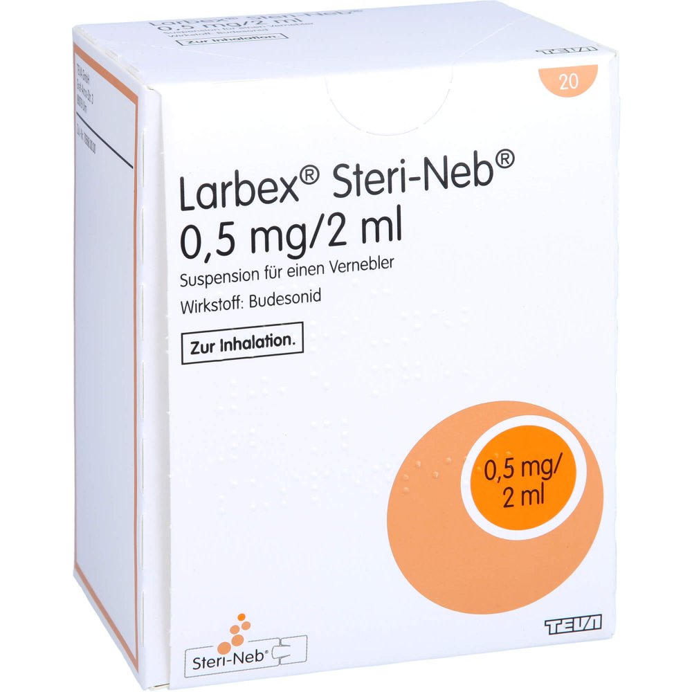 Das Produktfoto zeigt Larbex 0,5 Mg/2 Ml Steri-Neb Susp.F.Vernebler (20X2 ml) PZN 09714215