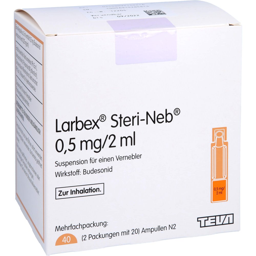 Das Produktfoto zeigt Larbex 0,5 Mg/2 Ml Steri-Neb Susp.F.Vernebler (40X2 ml) PZN 09714221