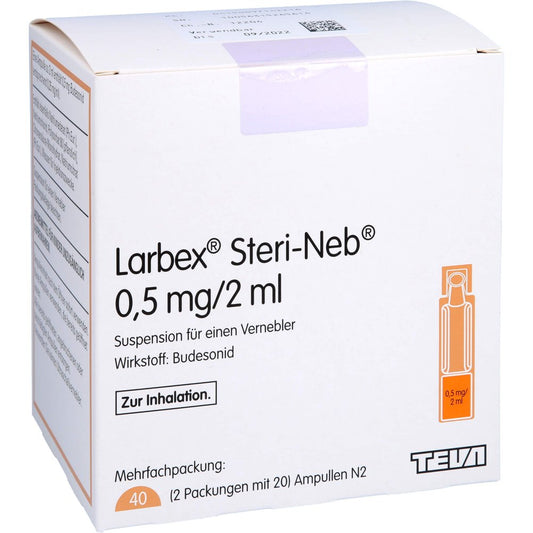 Das Produktfoto zeigt Larbex 0,5 Mg/2 Ml Steri-Neb Susp.F.Vernebler (40X2 ml) PZN 09714221