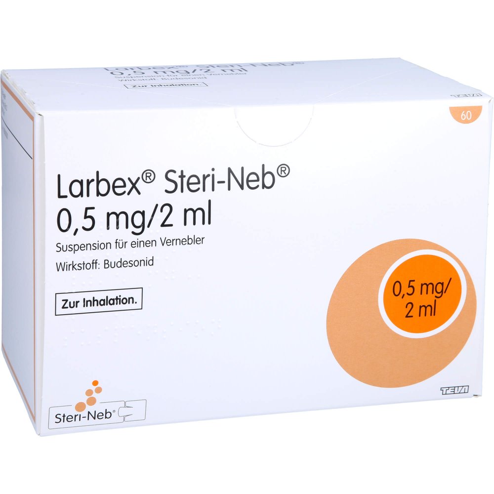 Das Produktfoto zeigt Larbex 0,5 Mg/2 Ml Steri-Neb Susp.F.Vernebler (60X2 ml) PZN 09714244