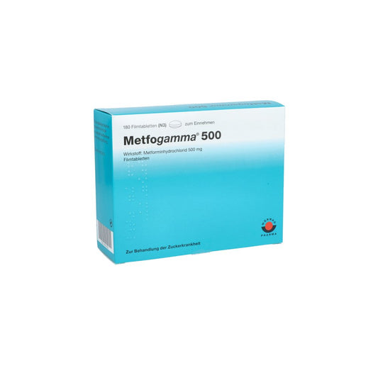 Das Produktfoto zeigt Metfogamma 500 Mg Filmtabletten (180 stk) PZN 09718130