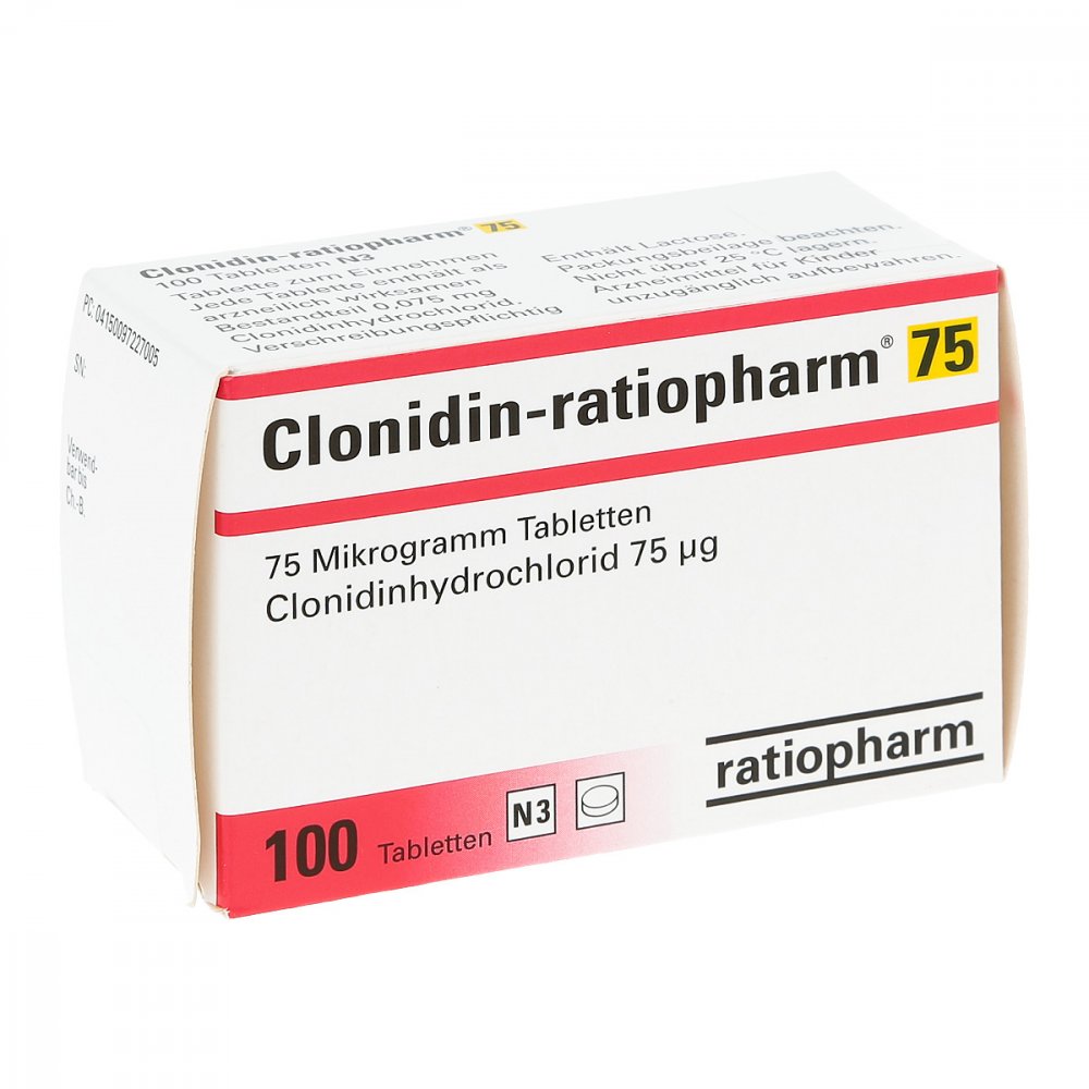 Das Produktfoto zeigt Clonidin-Ratiopharm 75 Tabletten (100 stk) PZN 09722700