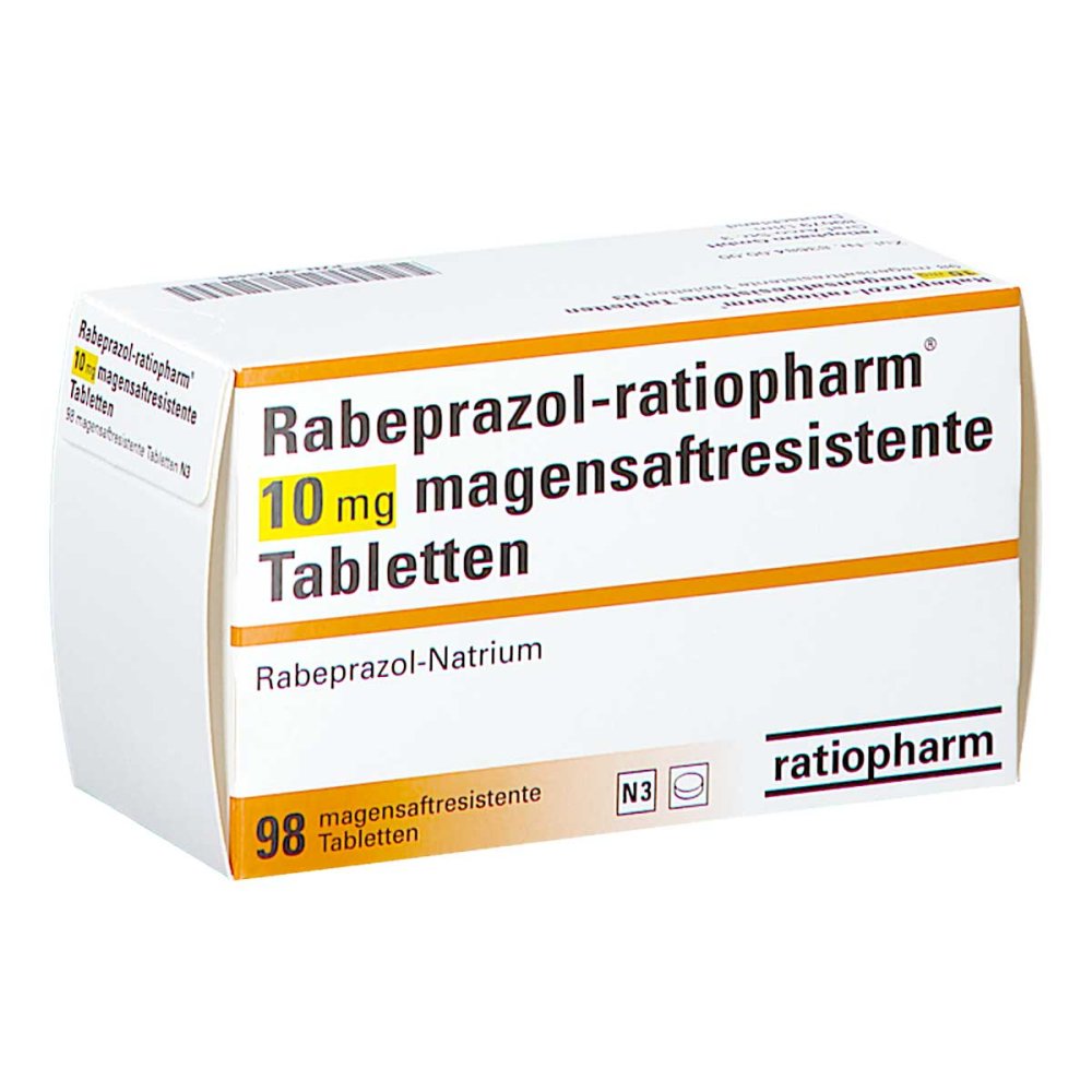 Das Produktfoto zeigt Rabeprazol-Ratiopharm 10 Mg Magensaftres.Tabletten (98 stk) PZN 09723438