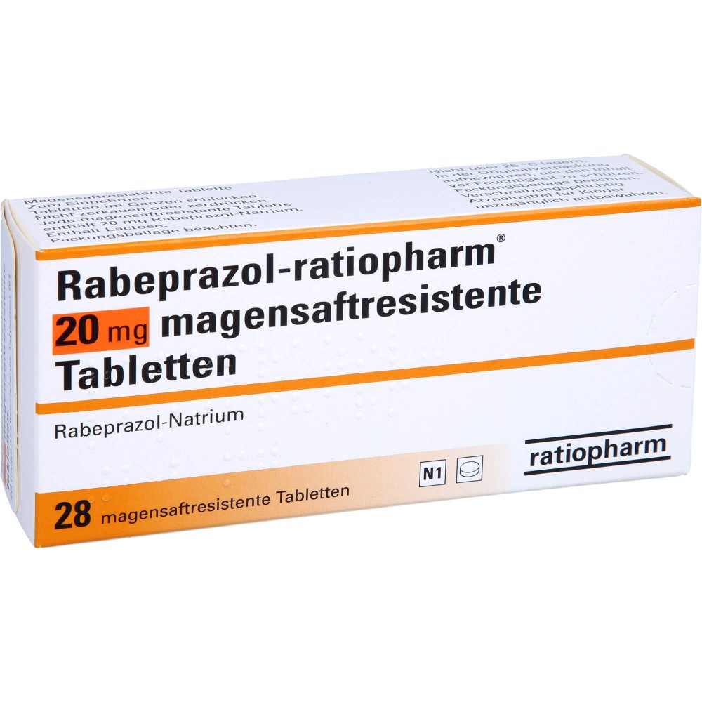 Das Produktfoto zeigt Rabeprazol-Ratiopharm 20 Mg Magensaftres.Tabletten (28 stk) PZN 09723450