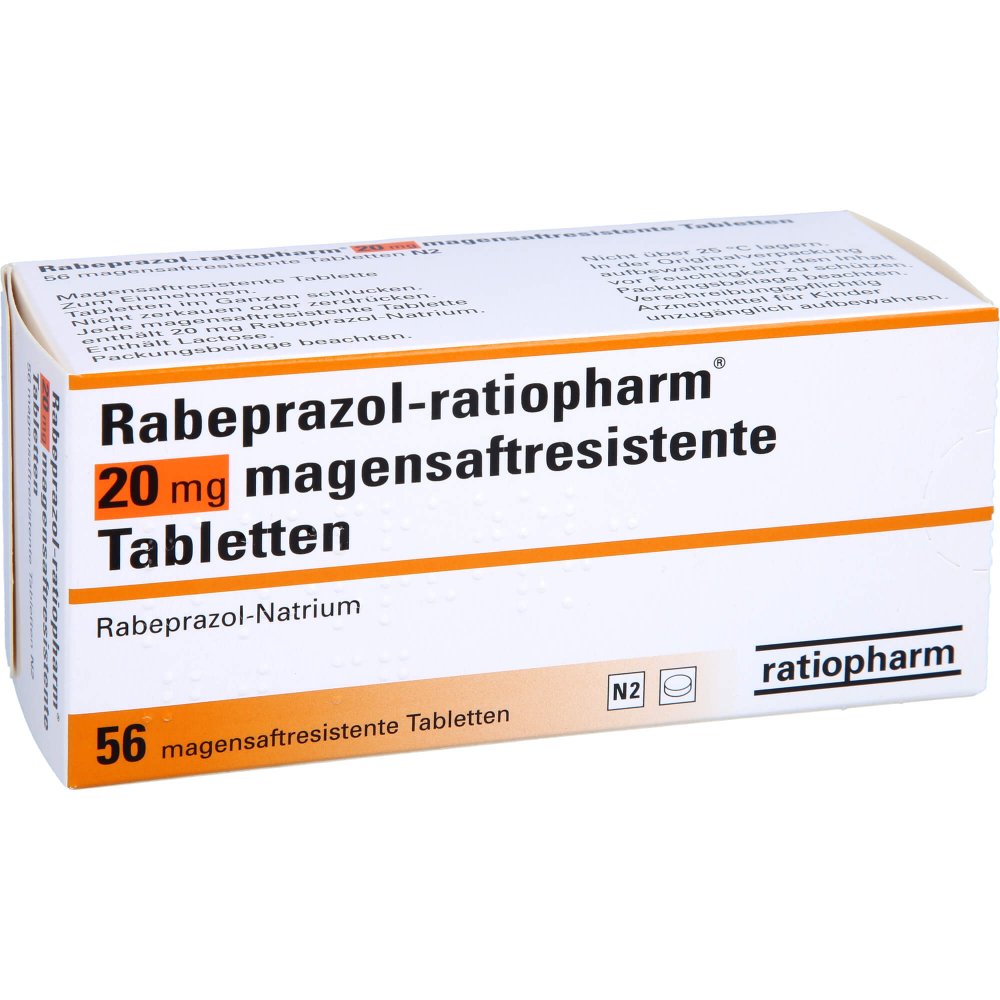Das Produktfoto zeigt Rabeprazol-Ratiopharm 20 Mg Magensaftres.Tabletten (56 stk) PZN 09723467