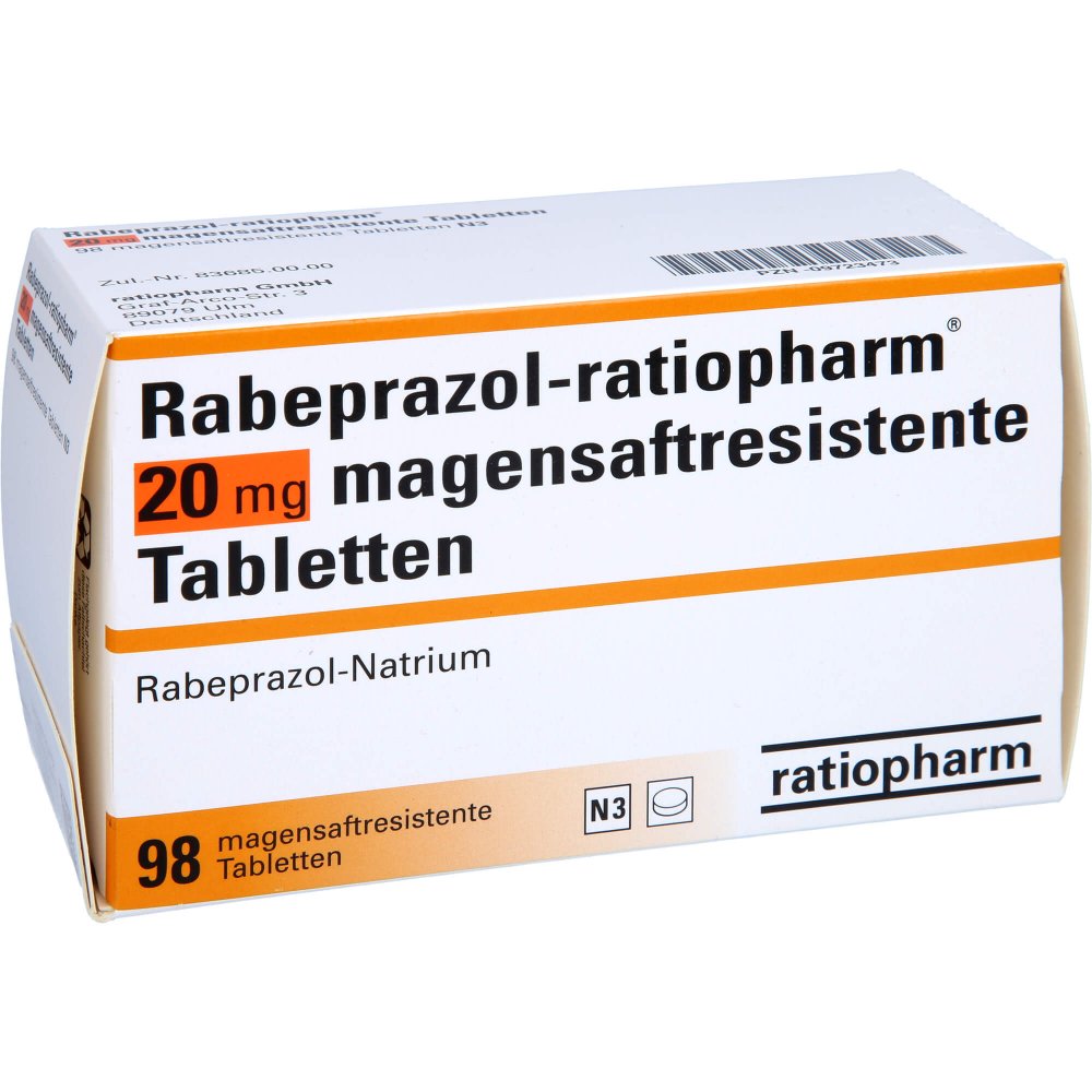 Das Produktfoto zeigt Rabeprazol-Ratiopharm 20 Mg Magensaftres.Tabletten (98 stk) PZN 09723473