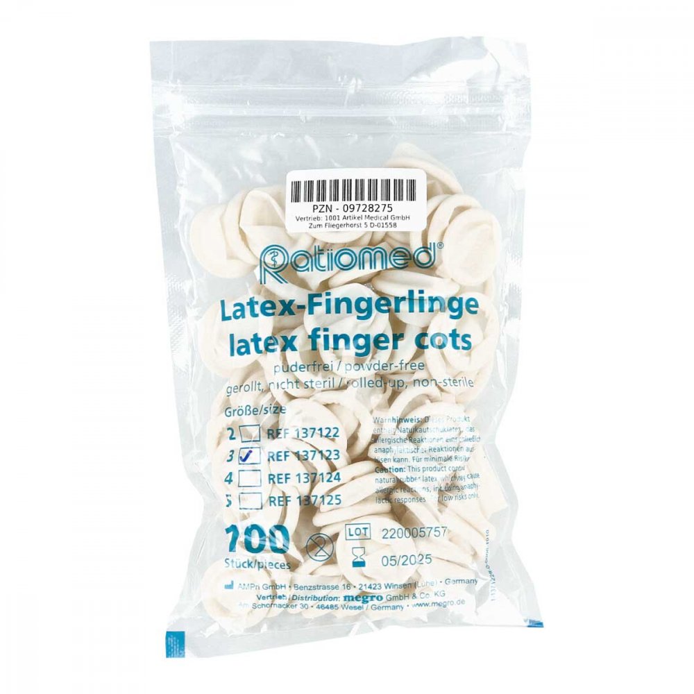 Das Produktfoto zeigt Latex-Fingerlinge Puderfrei Gr.M (100 stk) PZN 09728275