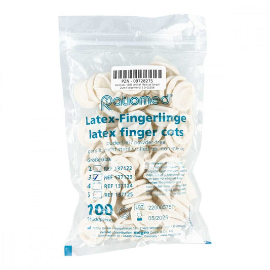 Das Produktfoto zeigt Latex-Fingerlinge Puderfrei Gr.M (100 stk) PZN 09728275