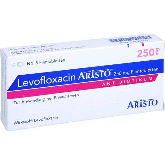 Das Produktfoto zeigt Levofloxacin Aristo 250 Mg Filmtabletten (5 stk) PZN 09730533