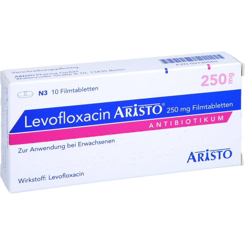 Das Produktfoto zeigt Levofloxacin Aristo 250 Mg Filmtabletten (10 stk) PZN 09730562