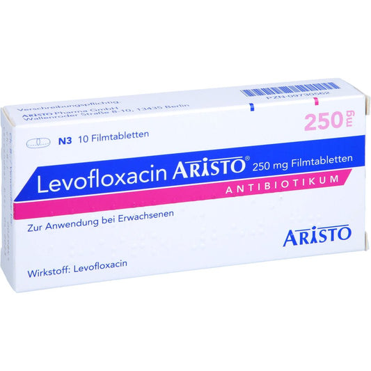 Das Produktfoto zeigt Levofloxacin Aristo 250 Mg Filmtabletten (10 stk) PZN 09730562