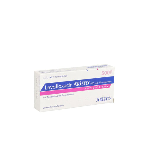 Das Produktfoto zeigt Levofloxacin Aristo 500 Mg Filmtabletten (7 stk) PZN 09731254