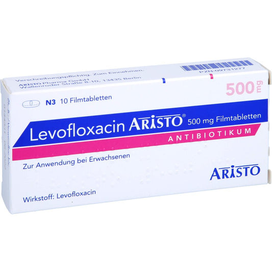 Das Produktfoto zeigt Levofloxacin Aristo 500 Mg Filmtabletten (10 stk) PZN 09731277