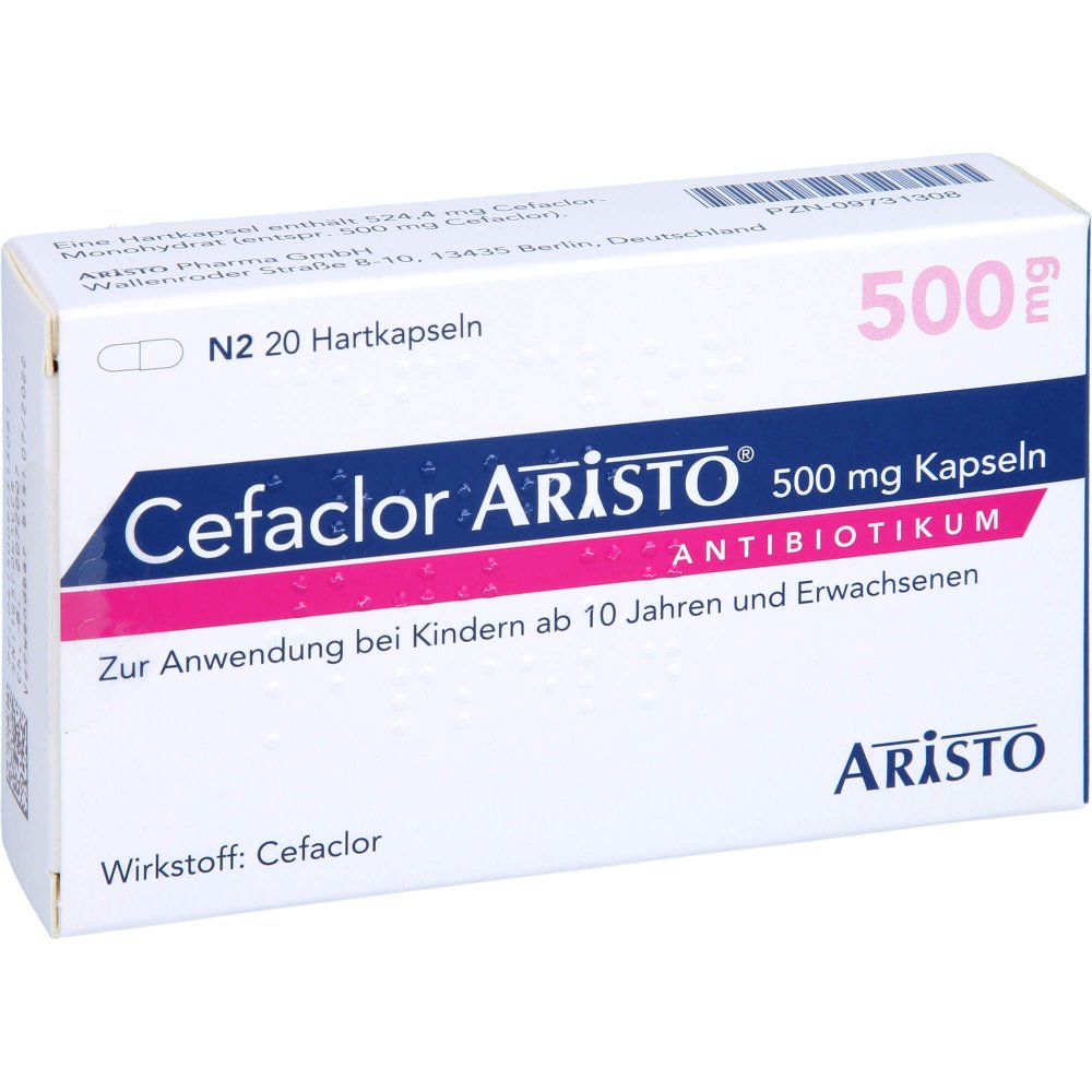 Das Produktfoto zeigt Cefaclor Aristo 500 Mg Hartkapseln (20 stk) PZN 09731308