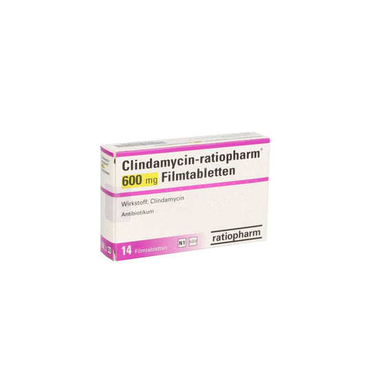 Das Produktfoto zeigt Clindamycin-Ratiopharm 600 Mg Filmtabletten (14 stk) PZN 09739741