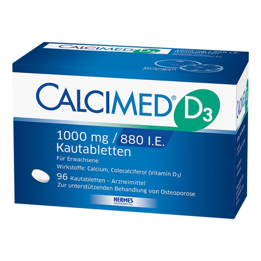 Das Produktfoto zeigt Calcimed D3 1000 Mg/880 I.E. Kautabletten (96 stk) PZN 09750197