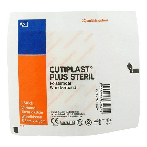 Das Produktfoto zeigt Cutiplast Plus Steril 7,8x10 Cm Verband (1 stk) PZN 09755579
