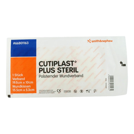 Das Produktfoto zeigt Cutiplast Plus Steril 10x19,8 Cm Verband (1 stk) PZN 09755651