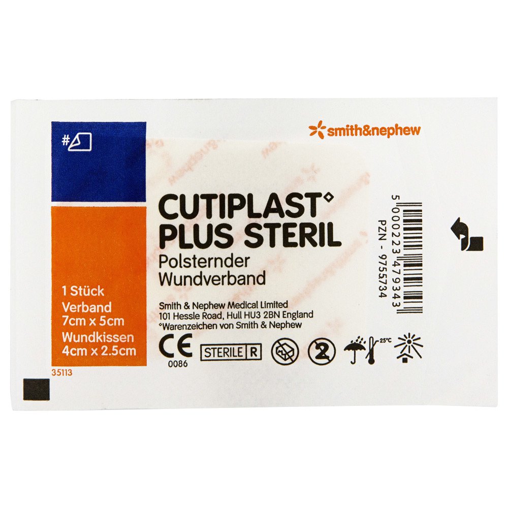 Das Produktfoto zeigt Cutiplast Plus Steril 5x7 Cm Verband (1 stk) PZN 09755734