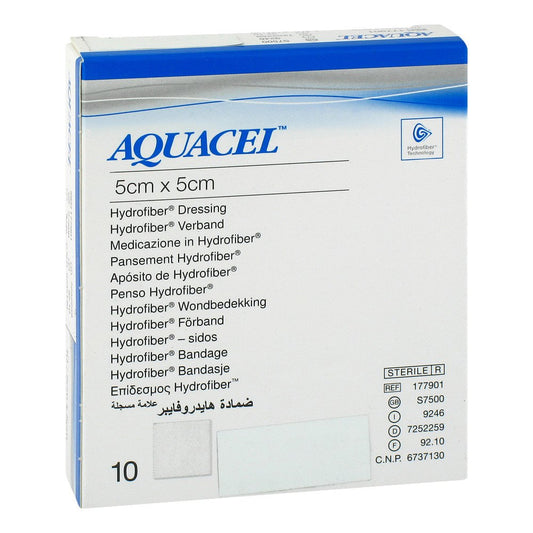 Das Produktfoto zeigt Aquacel Hydrosorption 5x5 Cm Steril Kompressen (10 stk) PZN 09756188