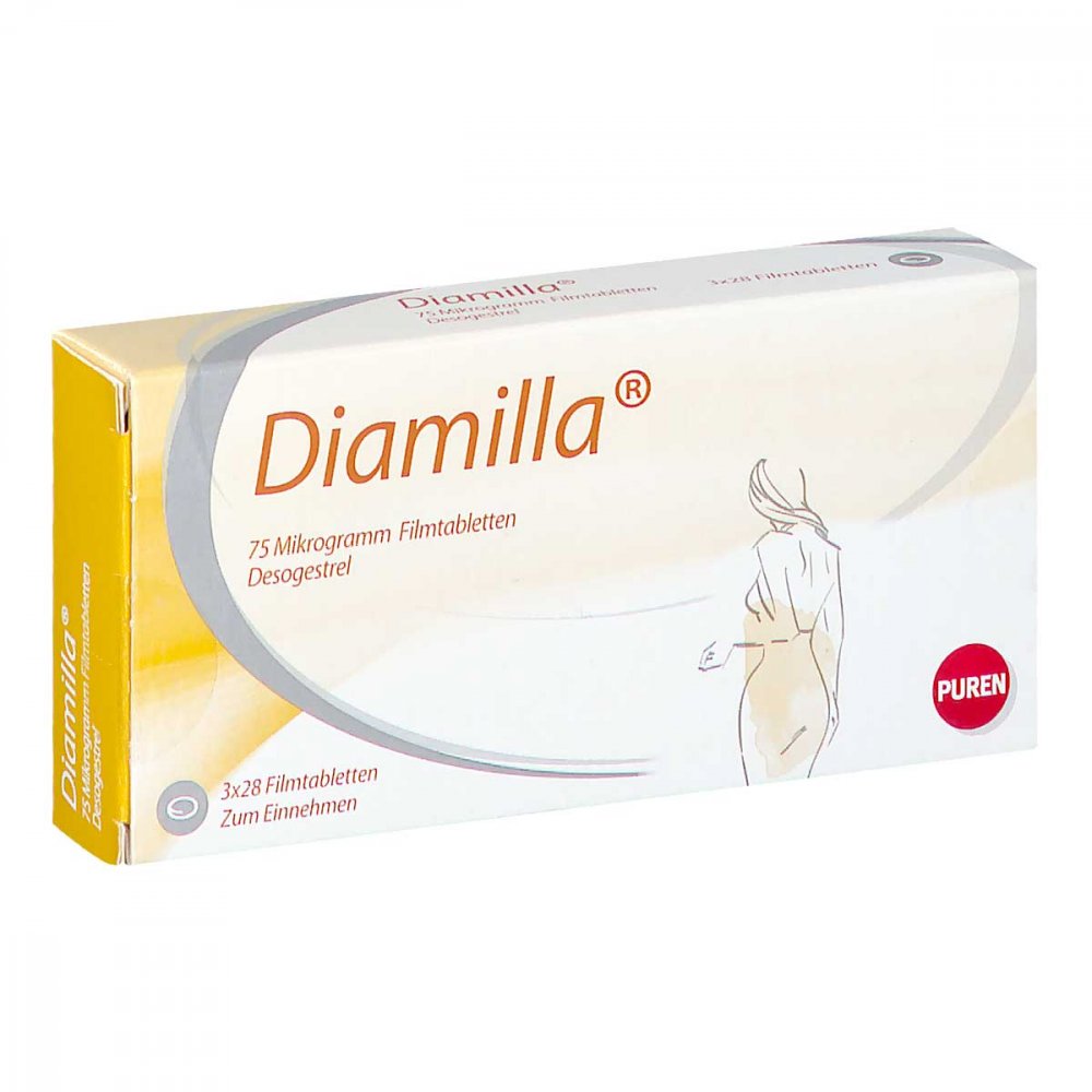Das Produktfoto zeigt Diamilla 75 Mikrogramm Filmtabletten (3X28 stk) PZN 09758218