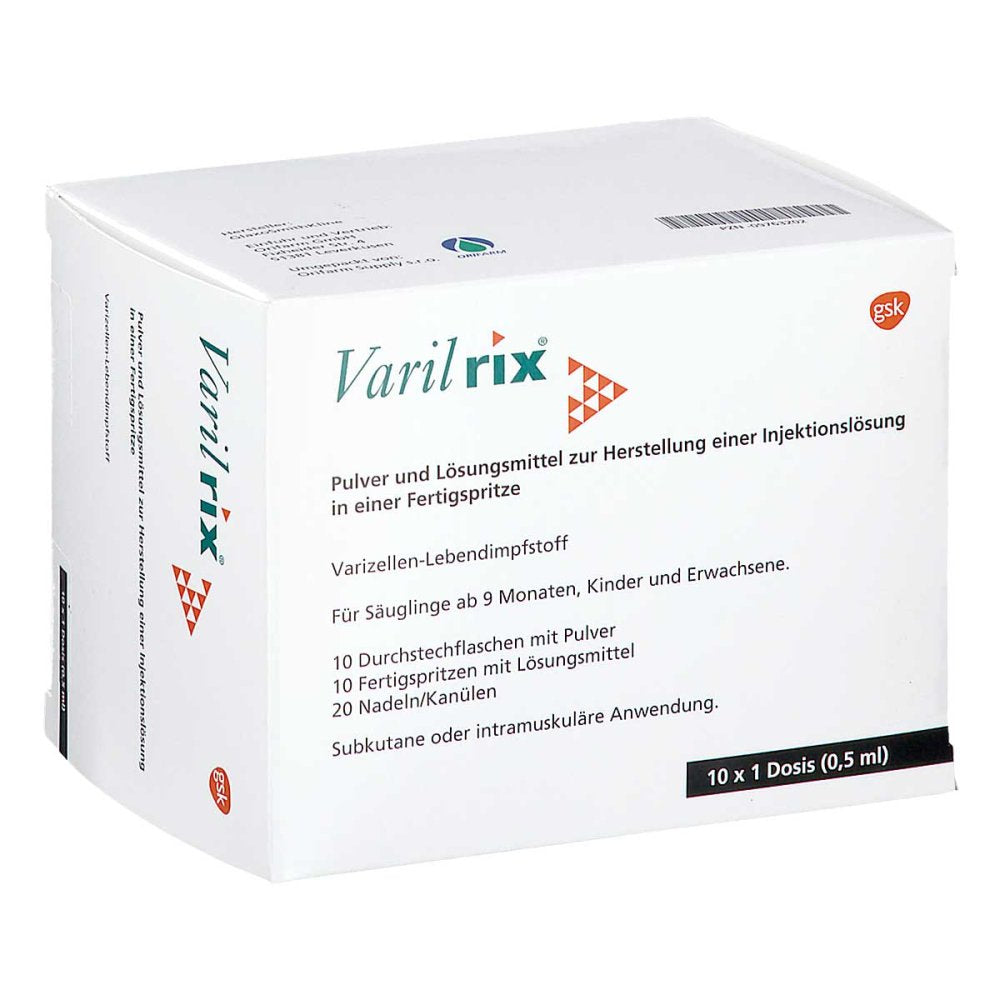 Das Produktfoto zeigt Varilrix Fertigspritze Plv.U.Lm Z.Her.E.Inj.-Lsg. (10 stk) PZN 09763202