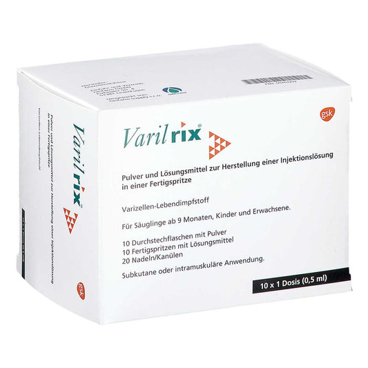 Das Produktfoto zeigt Varilrix Fertigspritze Plv.U.Lm Z.Her.E.Inj.-Lsg. (10 stk) PZN 09763202