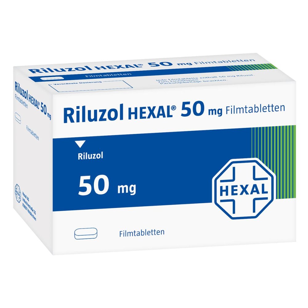 Das Produktfoto zeigt Riluzol Hexal 50 Mg Filmtabletten (56 stk) PZN 09770892