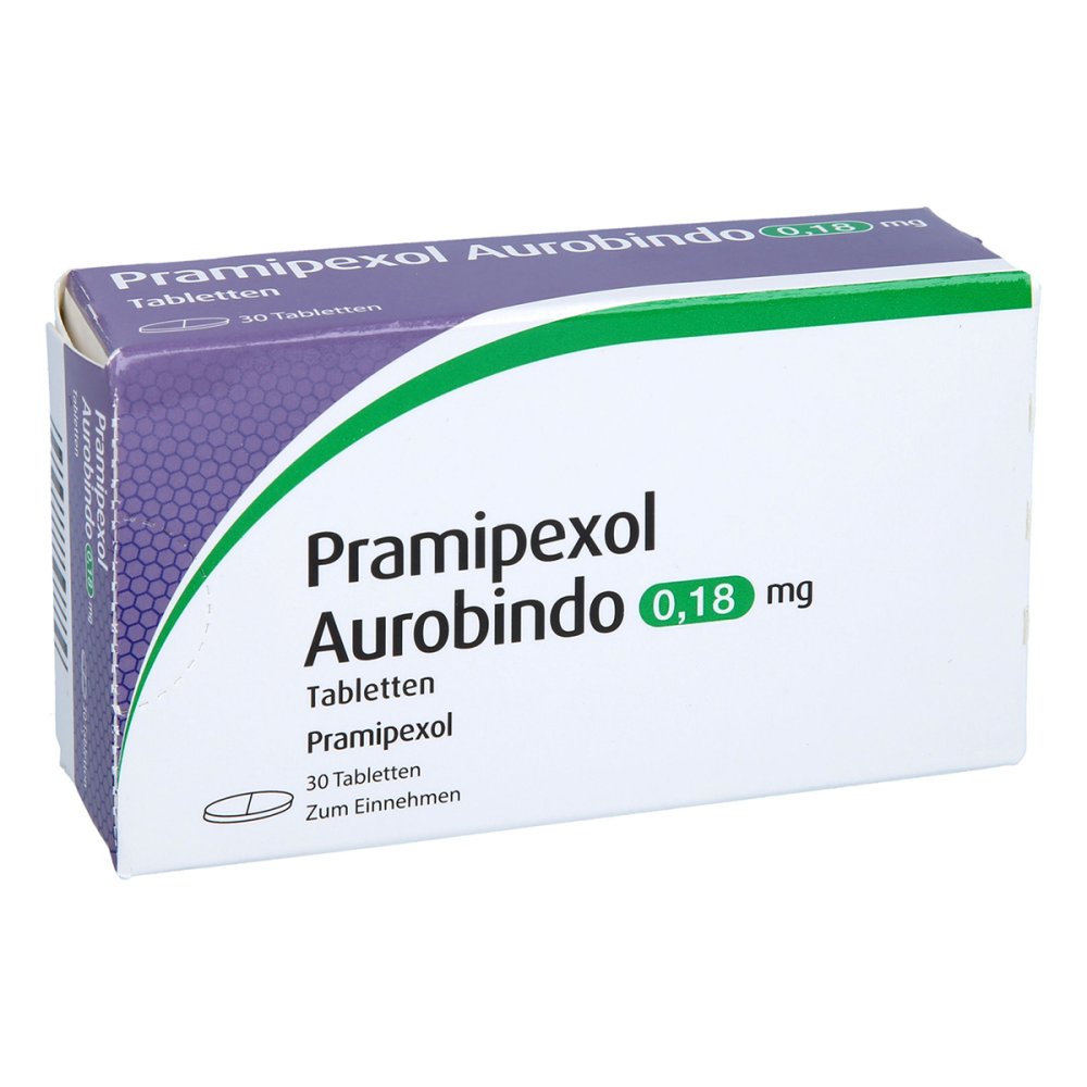 Das Produktfoto zeigt Pramipexol Aurobindo 0,18 Mg Tabletten (30 stk) PZN 09779829