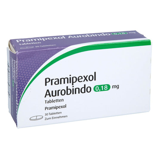 Das Produktfoto zeigt Pramipexol Aurobindo 0,18 Mg Tabletten (30 stk) PZN 09779829