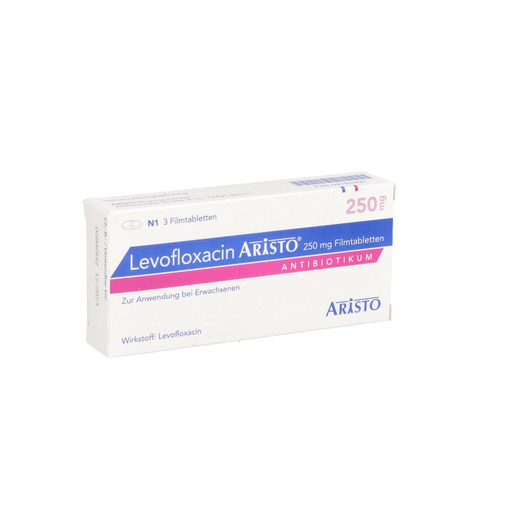 Das Produktfoto zeigt Levofloxacin Aristo 250 Mg Filmtabletten (3 stk) PZN 09783400
