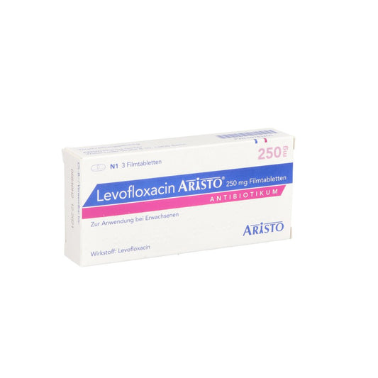 Das Produktfoto zeigt Levofloxacin Aristo 250 Mg Filmtabletten (3 stk) PZN 09783400