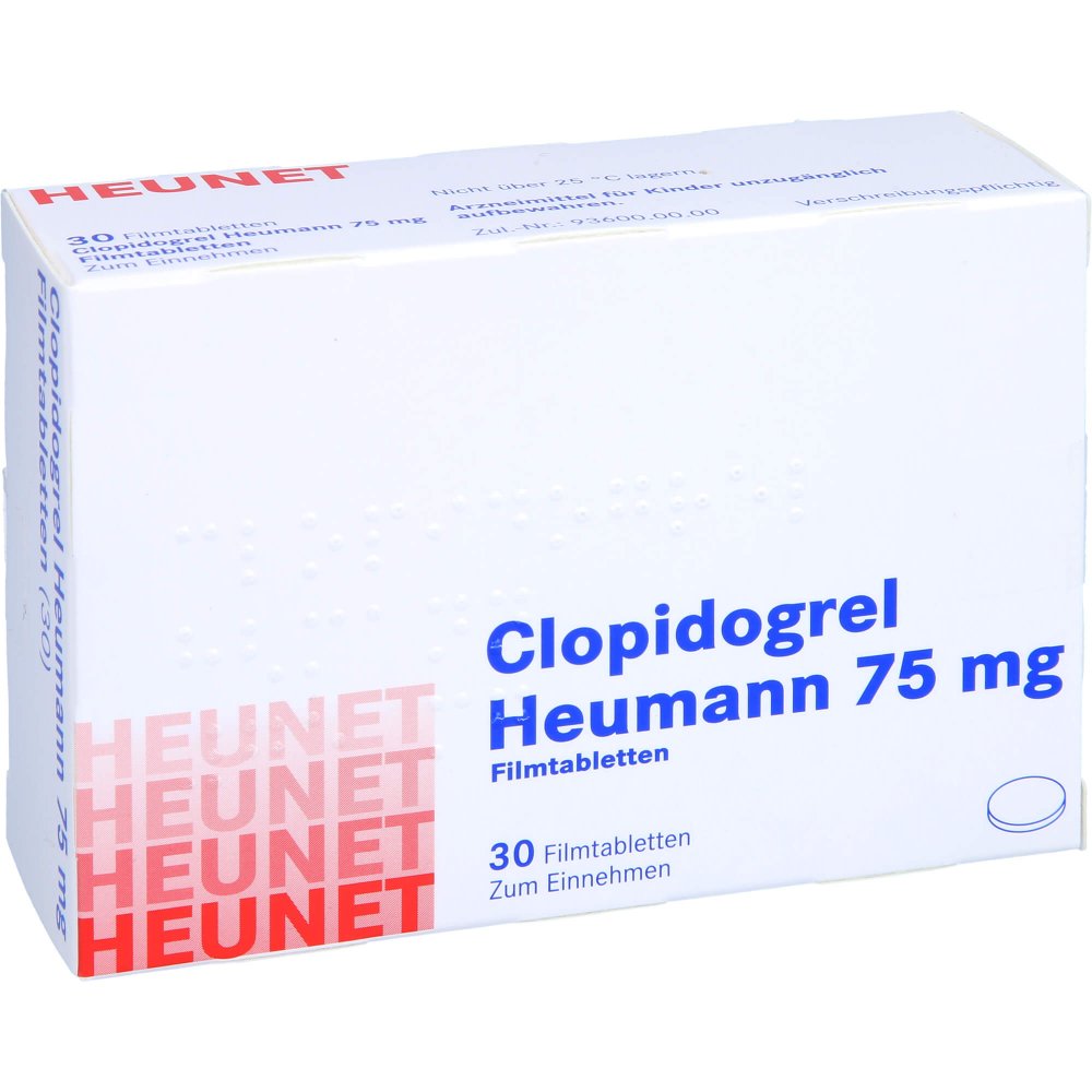 Das Produktfoto zeigt Clopidogrel Heumann 75 Mg Filmtabletten Heunet (30 stk) PZN 09884609