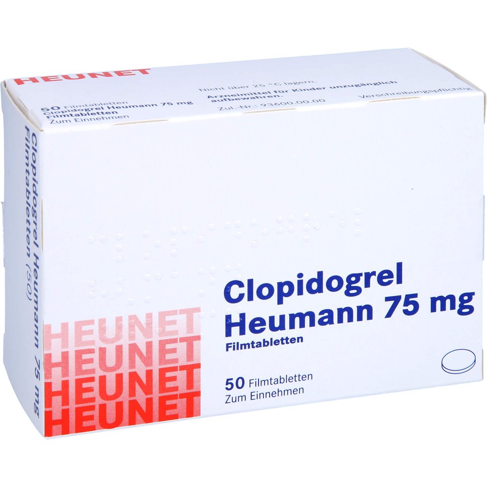 Das Produktfoto zeigt Clopidogrel Heumann 75 Mg Filmtabletten Heunet (50 stk) PZN 09884615