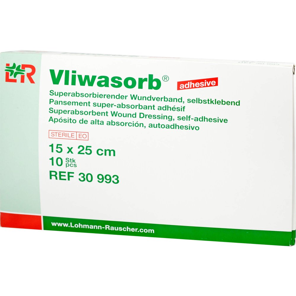 Das Produktfoto zeigt Vliwasorb Adhesive Superabso.Komp.Sk.St.15x25 Cm (10 stk) PZN 09888458