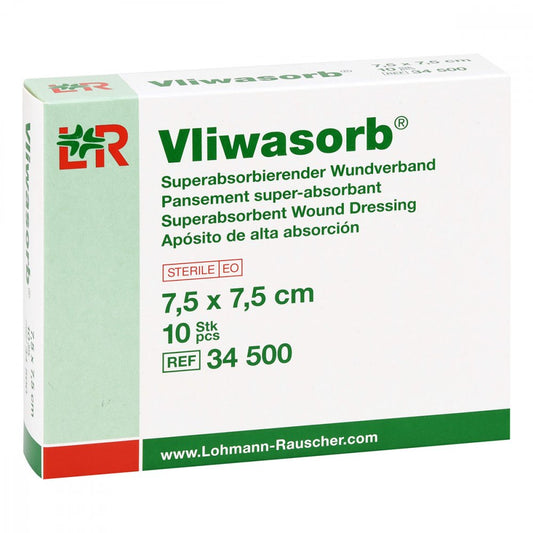 Das Produktfoto zeigt Vliwasorb Superabsorb.Saugkomp.Steril 7,5x7,5 Cm (10 stk) PZN 09888470