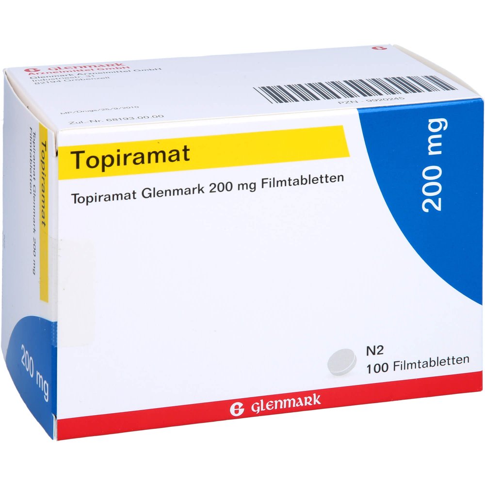 Das Produktfoto zeigt Topiramat Glenmark 200 Mg Filmtabletten (100 stk) PZN 09920245